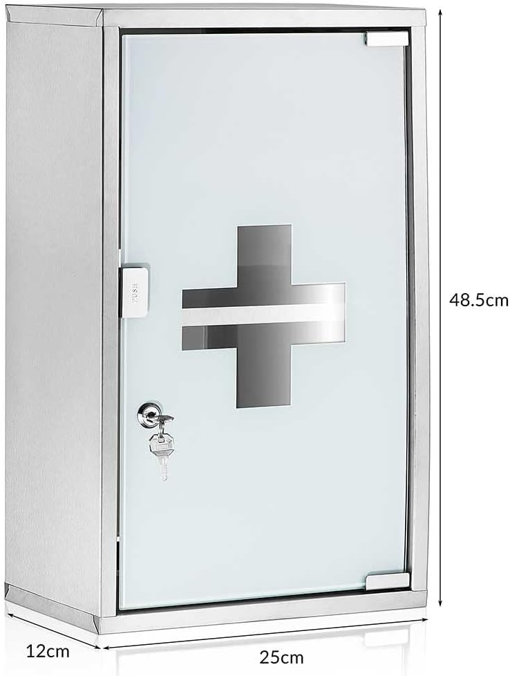 Bakaji Schrank für Medikamente, Erste-Hilfe-Schrank aus Edelstahl und satiniertem Glas, Farbe Silber