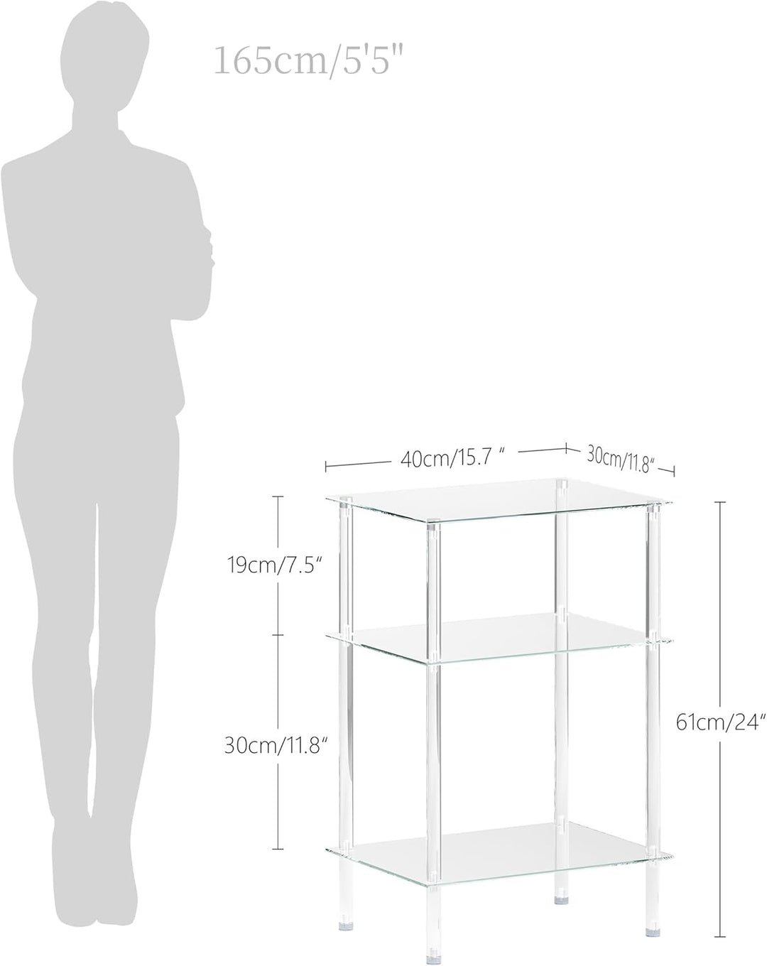 Moderner Beistelltisch Glas Eckig Transparenter Tisch mit 3 Ablagen Nachttisch Glastisch Side Table