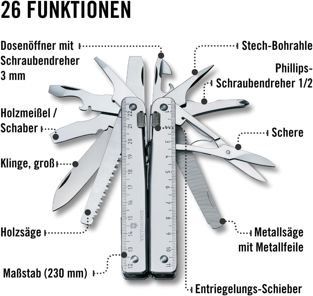 Victorinox Multifunktionstool, SwissTool, Multitool Messer, 26 Funktionen, Kombi-Spitzzange, Festste