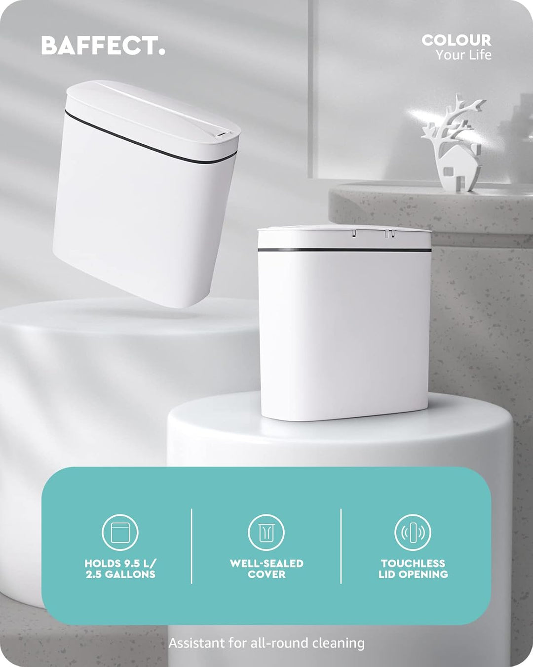 Baffect Bad Mülleimer Mit Sensor 9,5 L, Schmal Mit Deckel für Badezimmer, Automatisch für Die Küche,