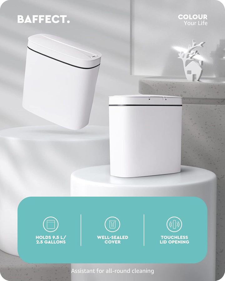Baffect Bad Mülleimer Mit Sensor 9,5 L, Schmal Mit Deckel für Badezimmer, Automatisch für Die Küche,
