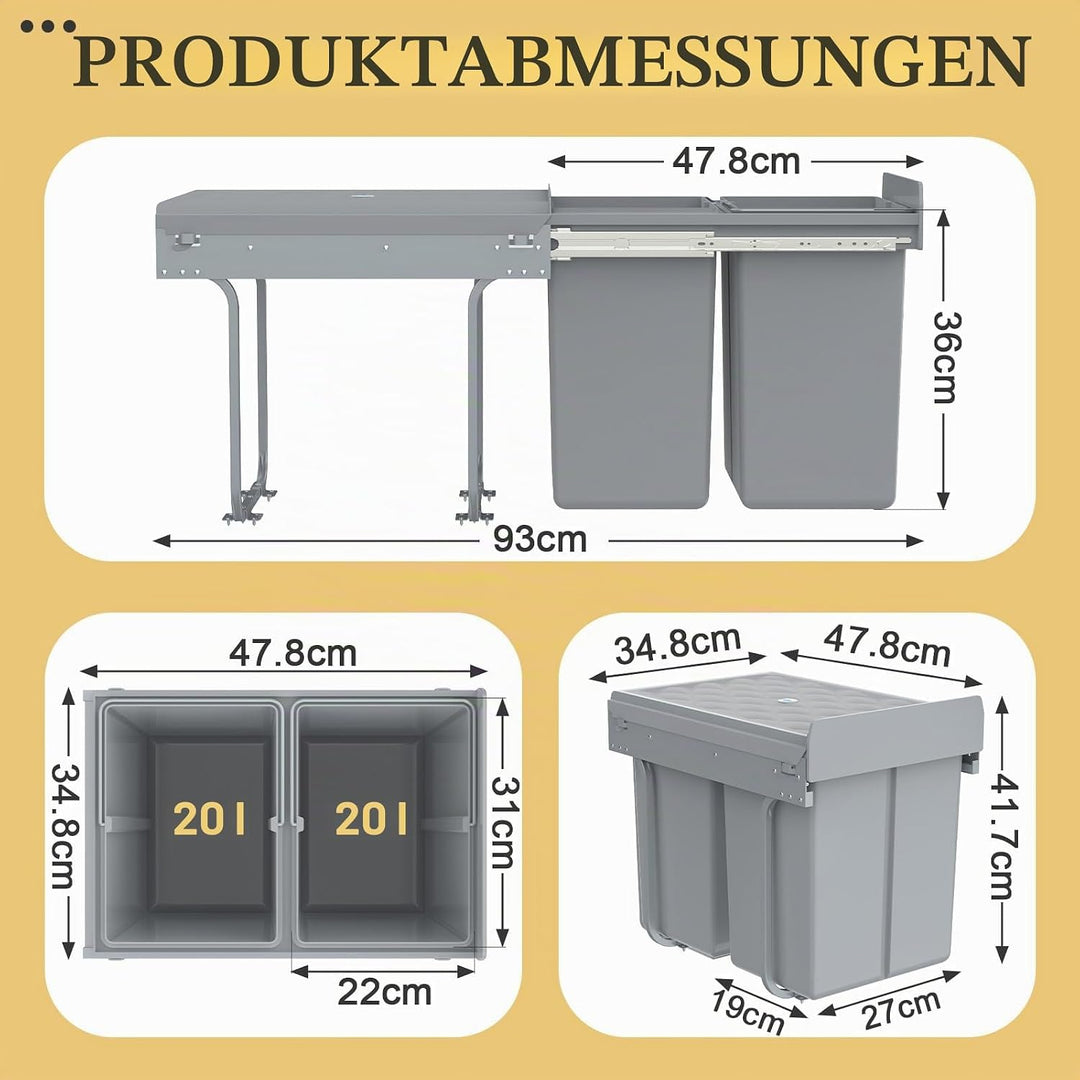 Soontrans Mülleimer Küche Unterschrank, Einbaumülleimer Küche mit 2x 20L Ausziehbarer Abfalleimer, T