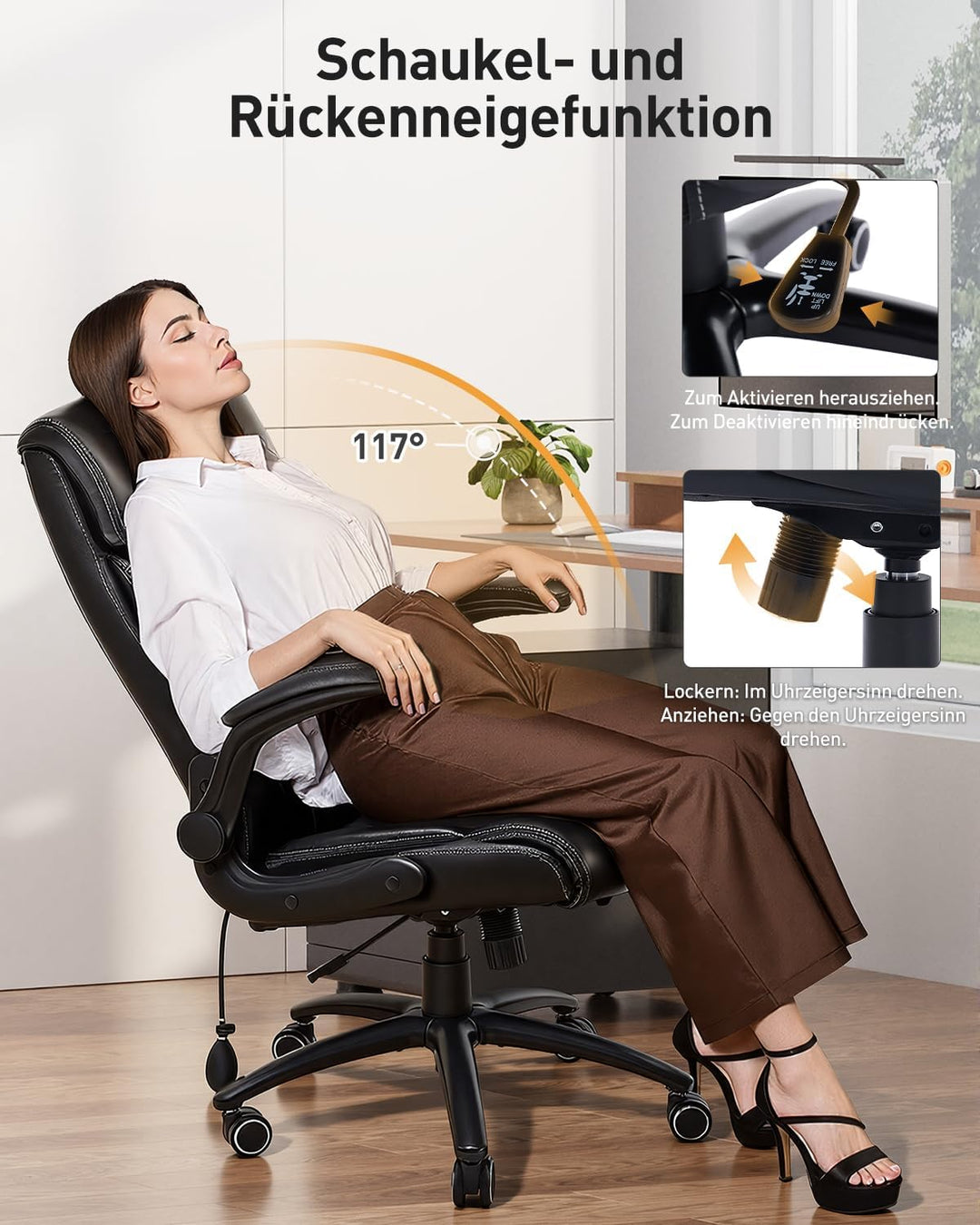 COLAMY Ergonomischer Chefsessel mit Lordosenstütze, gepolsterten Hochklapparmen und Kippverstellung