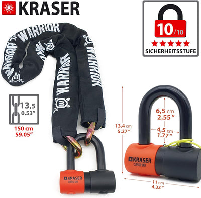 KRASER KR50150 Kettenschloss Schloss Motorrad-Scheibensperre gegen Diebstahl Mini U ø18 + Kette 150