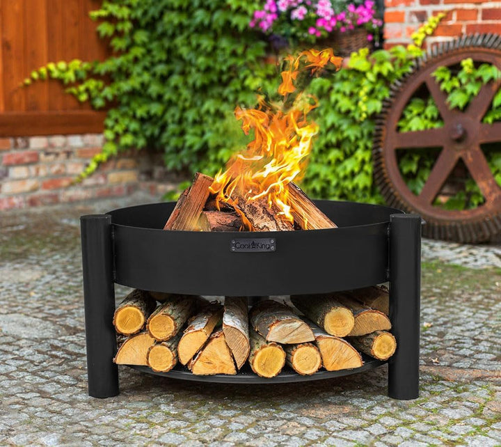 CookKing Stahl Feuerschale Montana | Ø 88x45 cm, Schwarz, Inkl. Holzlager | Robust &amp; Windgeschützt |