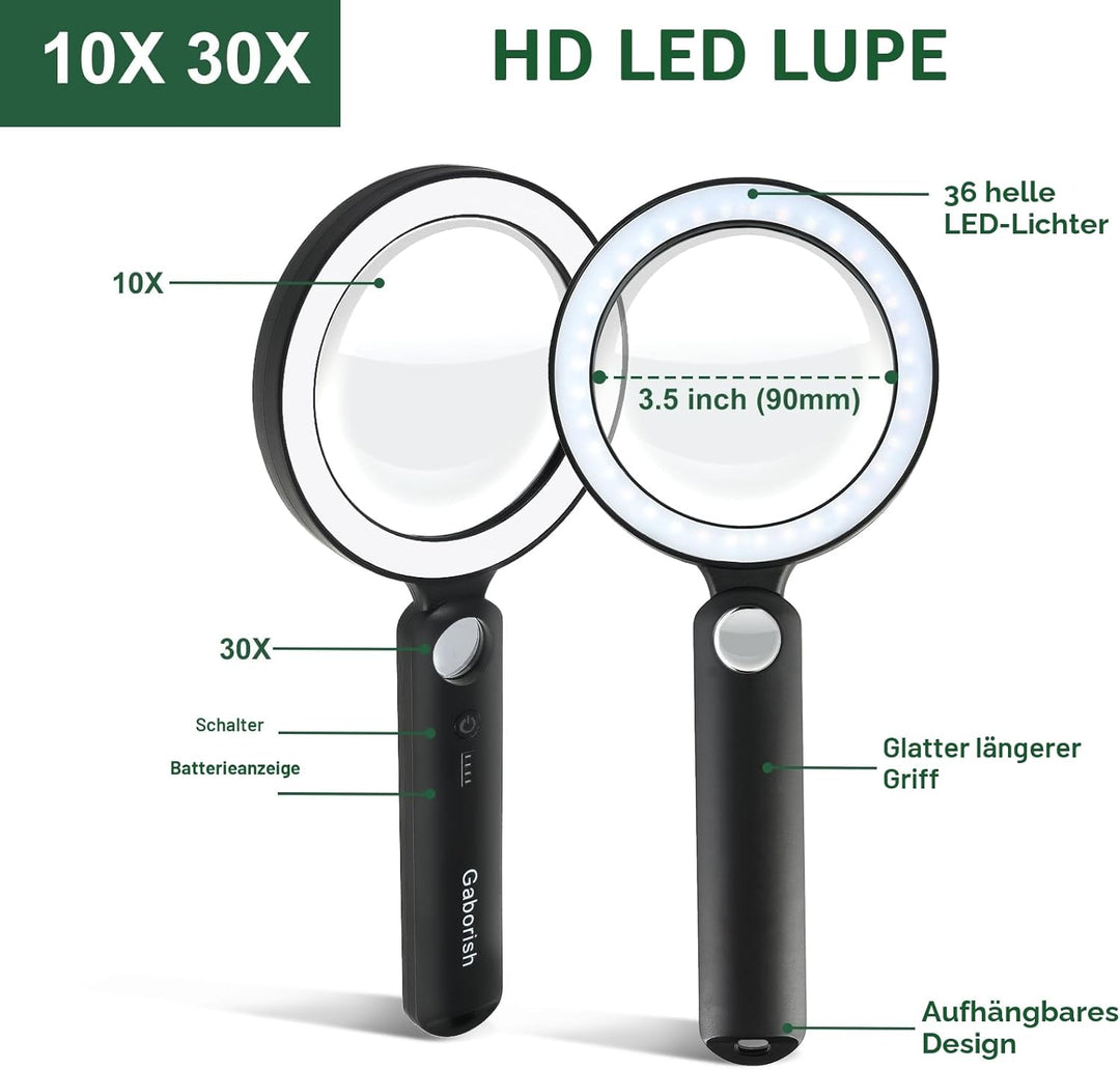 Grosse Lupe mit Licht+Aufbewahrungsetui USB Aufladbar, 10X 30X Leselupe mit Licht für Senioren Gross