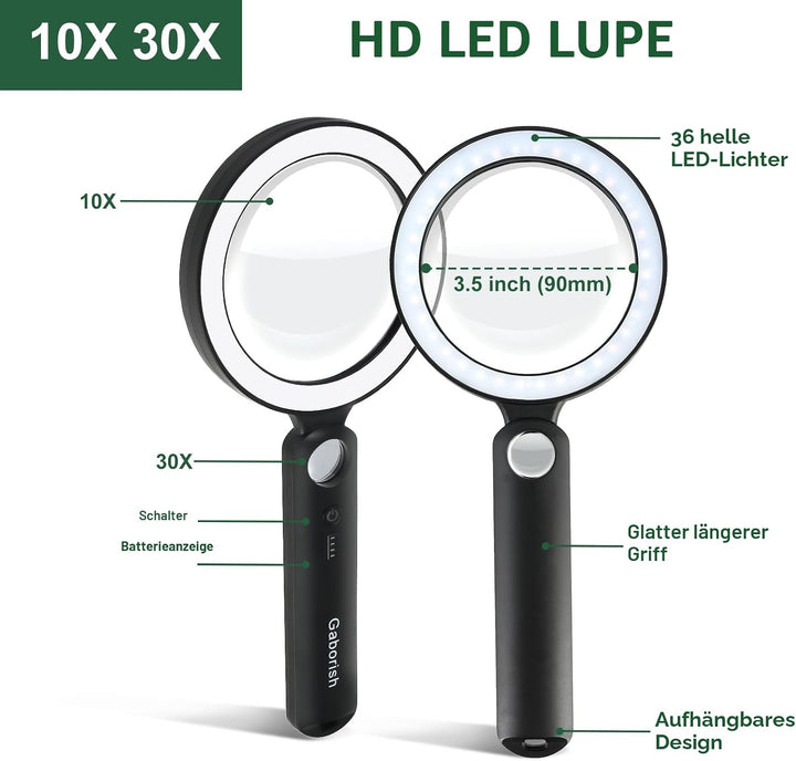 Grosse Lupe mit Licht USB Aufladbar, 10X 30X Leselupe mit Licht für Senioren Gross, 36 LED &amp; 5 Licht