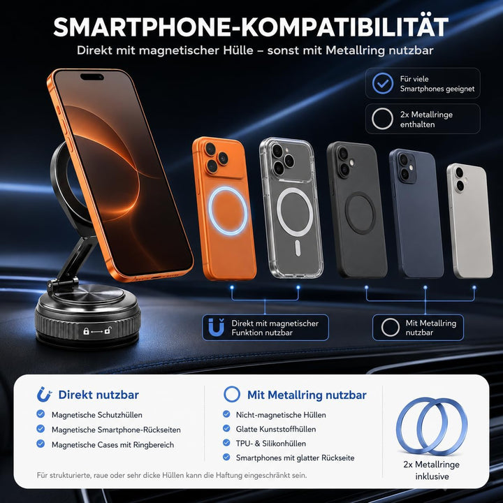 MEGAPHONIC Handyhalterung Auto Magnet, kompatibel mit MagSafe, 20 N55 Magnete, Vakuum-Saugnapf, 360°