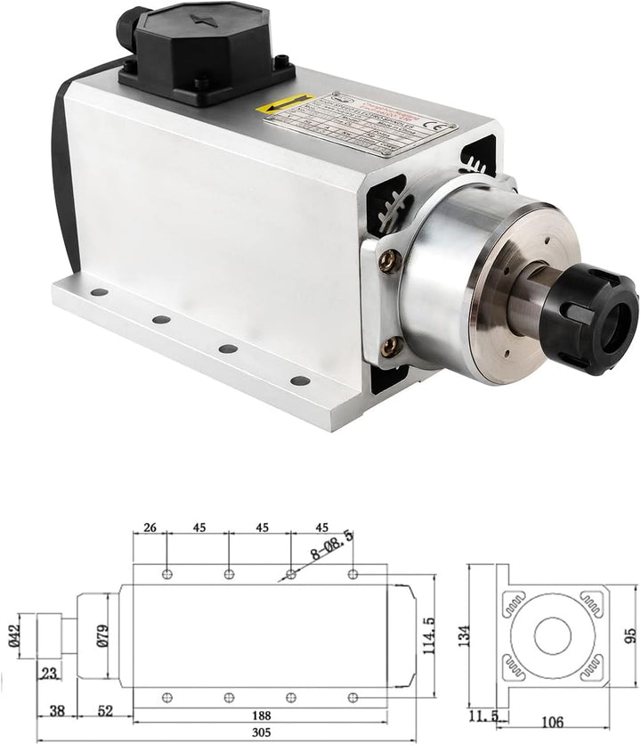 CNC Spindelmotor 220V, 4kW, 4000W, quadratischer luftgekühlter Spindelmotor, 4 Keramiklager, ER25, 1