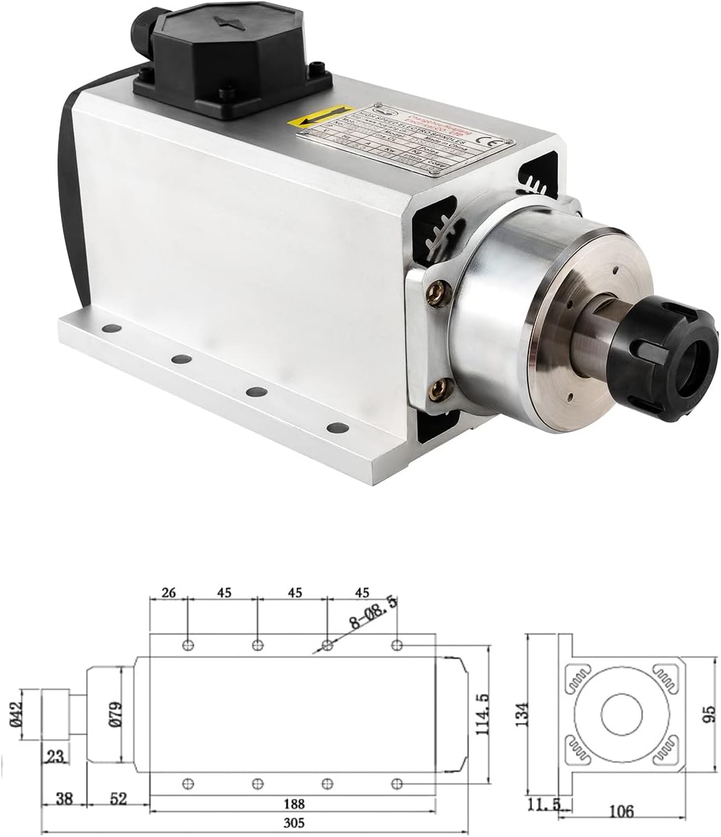 CNC Spindelmotor 220V, 4kW, 4000W, quadratischer luftgekühlter Spindelmotor, 4 Keramiklager, ER25, 1