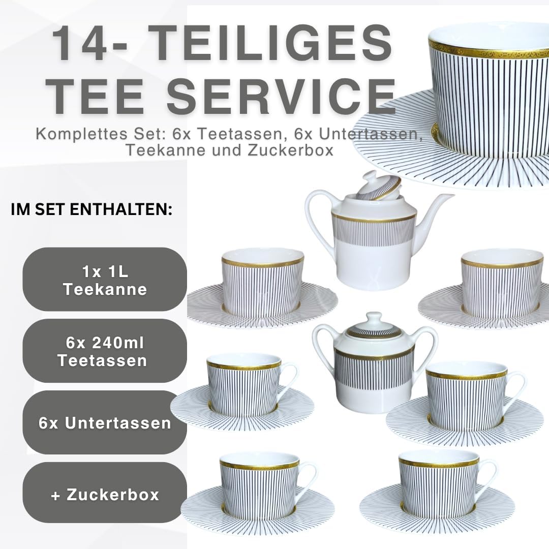 Knochenporzellan Teeservice 14-teilig für 6 Personen – Teekanne, Tassen &amp; Untertassen, Zuckerbox mit