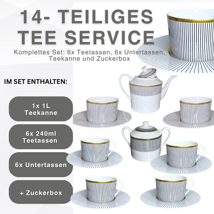 Knochenporzellan Teeservice 14-teilig für 6 Personen – Teekanne, Tassen &amp; Untertassen, Zuckerbox mit