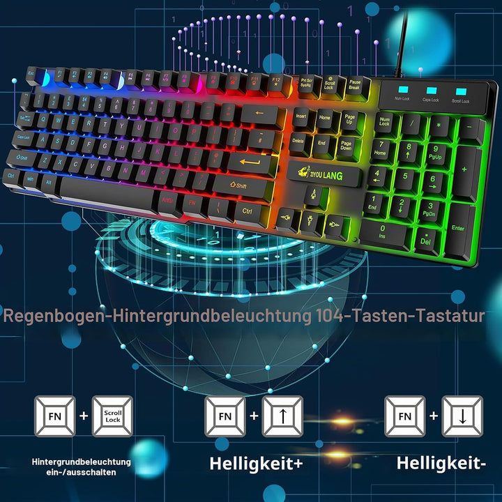 Gaming Tastatur Headset &amp; Maus Set, 104 Tasten Rainbow Backlit UK Layout Tastatur 2400DPI Maus 7.1 S