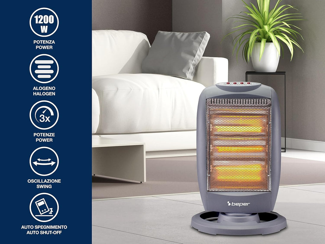 BEPER P203PAN010 Oszillierendes Halogen-Heizgerät, 1200W, geringer Energieverbrauch, geräuschlos, Gr