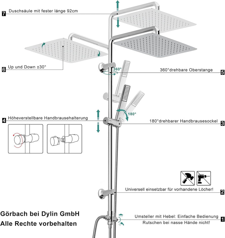 Görbach Edelstahl Duschsystem ohne Armatur, Regendusche Duschset mit Duschstange und Kopfbrause rech