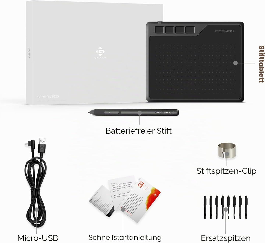 GAOMON S620 Stifttablett (mit 4 Tasten und batterielosem Stift) zum Handschrift &amp; Zeichnen, kompatib