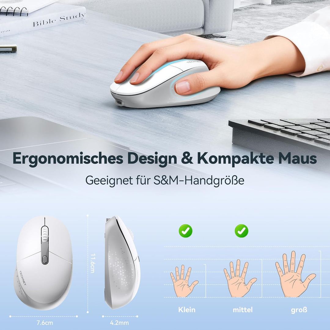 TECKNET Classic Kabellose Maus, Silent Bluetooth Maus (Tri-Modus BT5.2/3.0+2.4G), Wiederaufladbar Er