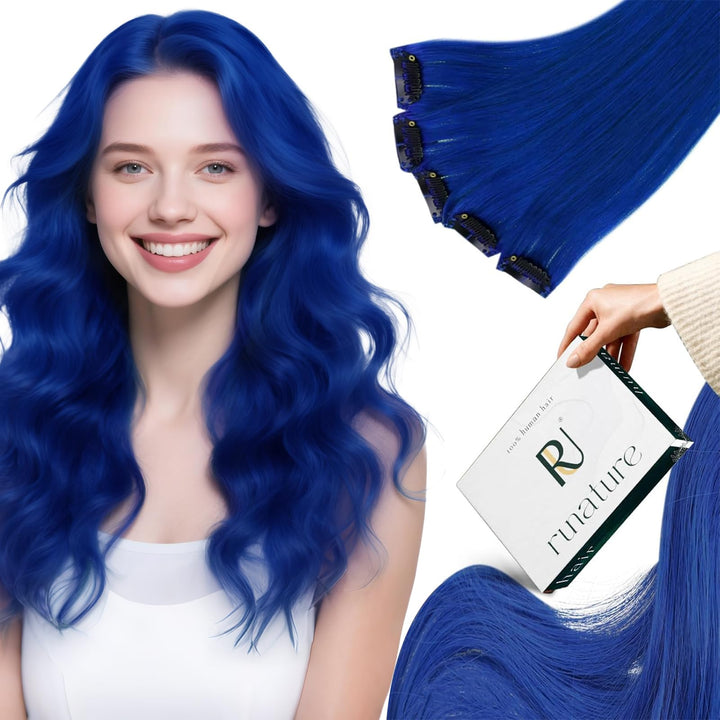 RUNATURE Clip in Extensions Echthaar 40cm Remy Clip Echthaar Extensions Glatt Haar Blau Clip in Haar