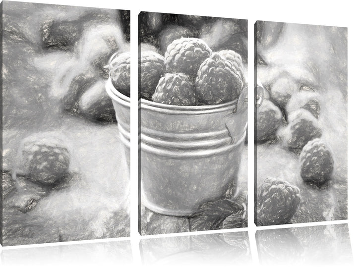 Pixxprint Himbeeren im Blecheimer Kohle Effekt 3-Teiler Leinwandbild 120x80 Bild auf Leinwand