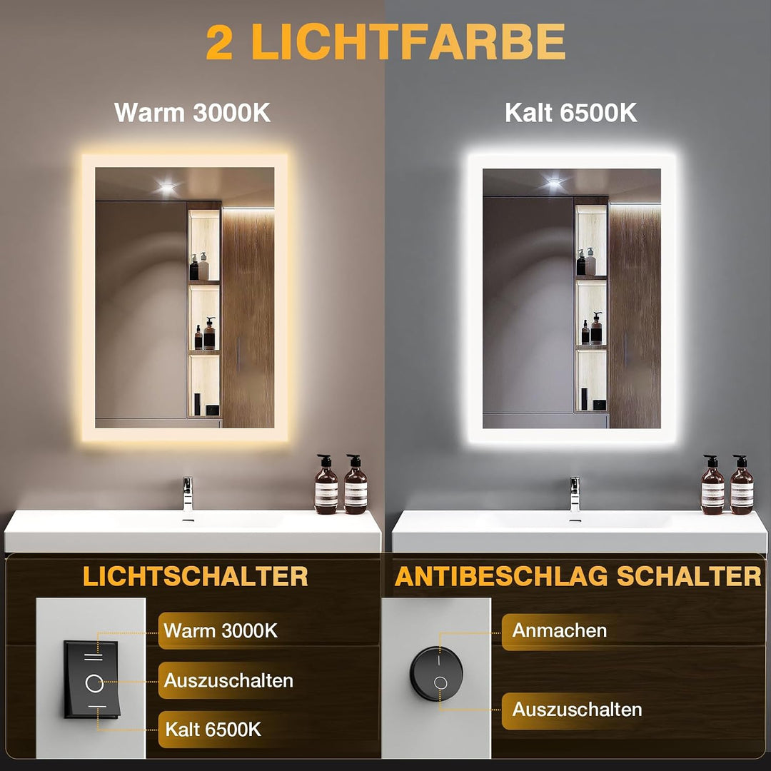 Badezimmer Spiegel mit Beleuchtung, 45 x 60cm LED Bad Spiegel mit Licht, Antibeschlag, Badezimmerspi