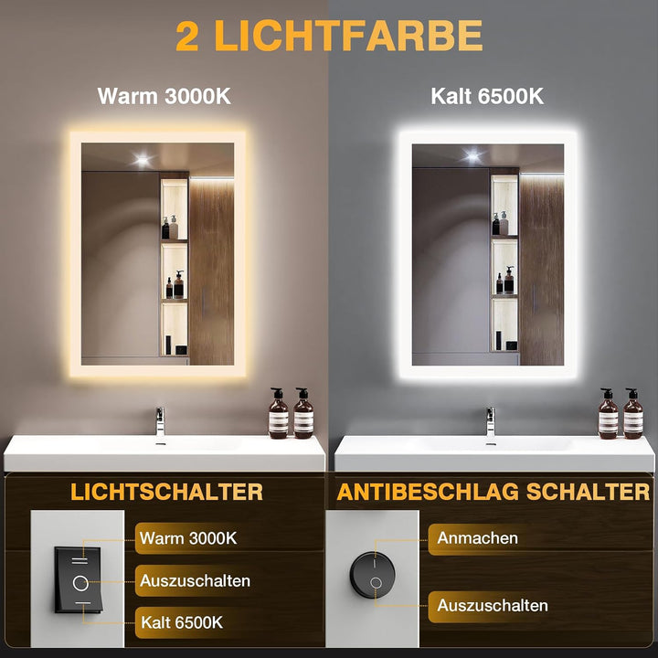 Badezimmer Spiegel mit Beleuchtung, 45 x 60cm LED Bad Spiegel mit Licht, Antibeschlag, Badezimmerspi
