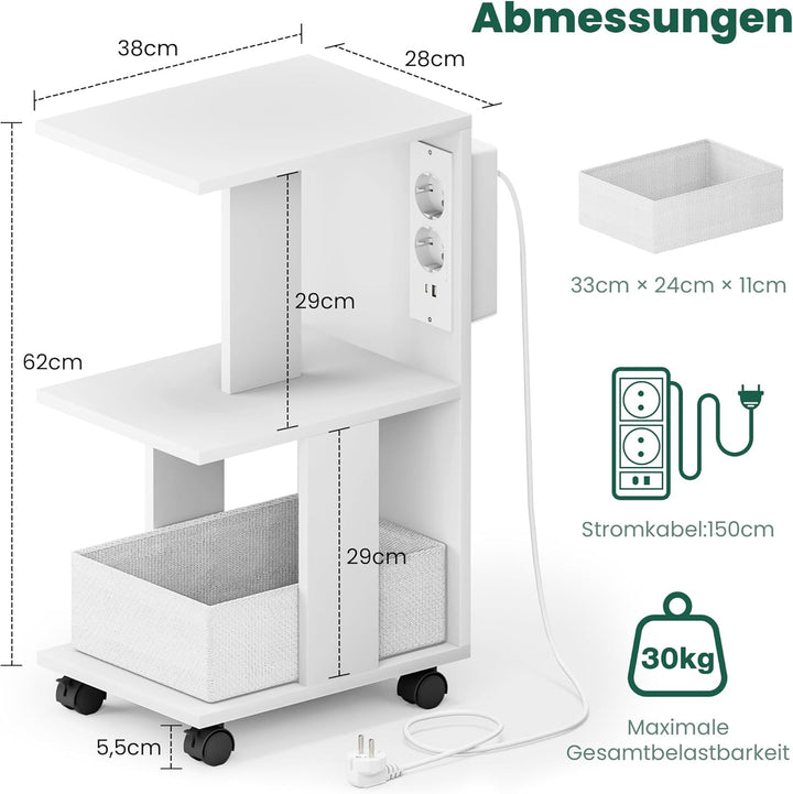 Pamapic Beistelltisch, Nachttisch mit Steckdose, Beistelltisch Schmal, 3 Ablagen C-Form Sofatisch,Co