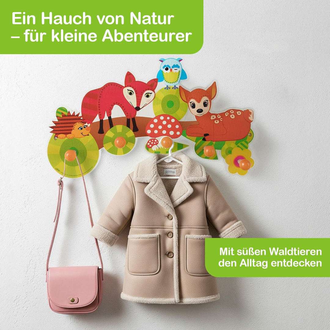 Hess Holzspielzeug 30303 - Garderobe aus Holz, Serie Waldtiere, mit 5 Haken, für Kinder, ca. 37 x 22