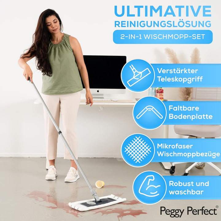 Peggy Perfect Wischmopp Bodenwischer mit verstärktem 131cm langem Teleskopstiel/inkl. 2 bei 60° wasc
