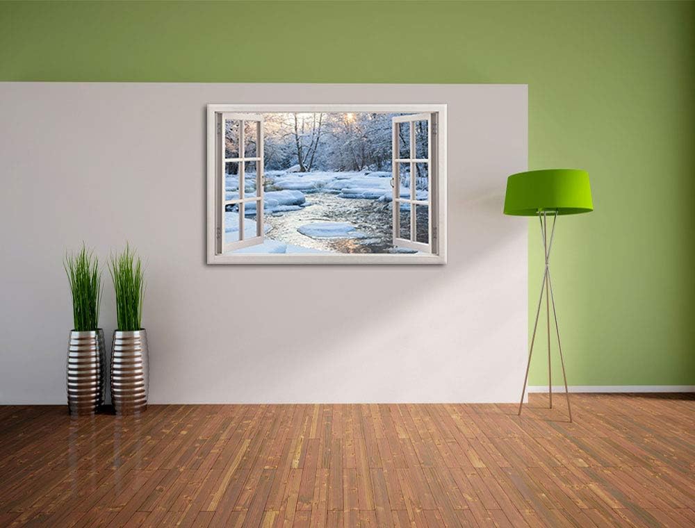 Pixxprint Bach in Winterlandschaft, Fenster Leinwandbild | Grösse: 100x70 cm | Wandbild | Kunstdruck