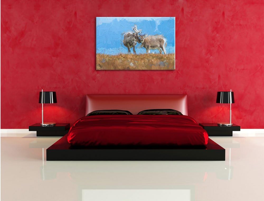 Pixxprint Rentiere die miteinander schmusen / 100x70cm Leinwandbild bespannt auf Holzrahmen/Wandbild
