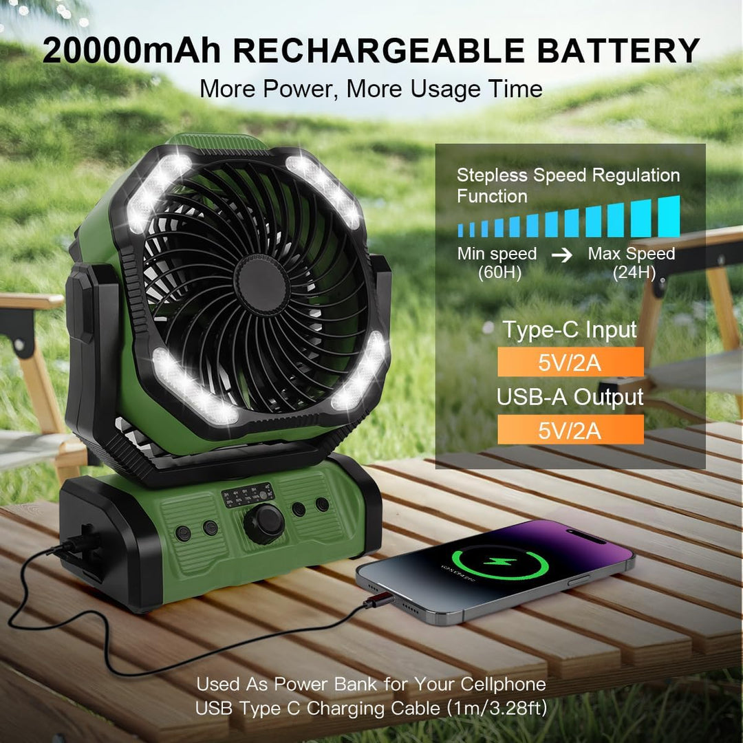 ELZO 20000mAh Camping Ventilator, Wiederaufladbarer Tischventilator USB Ventilator mit LED Licht & H