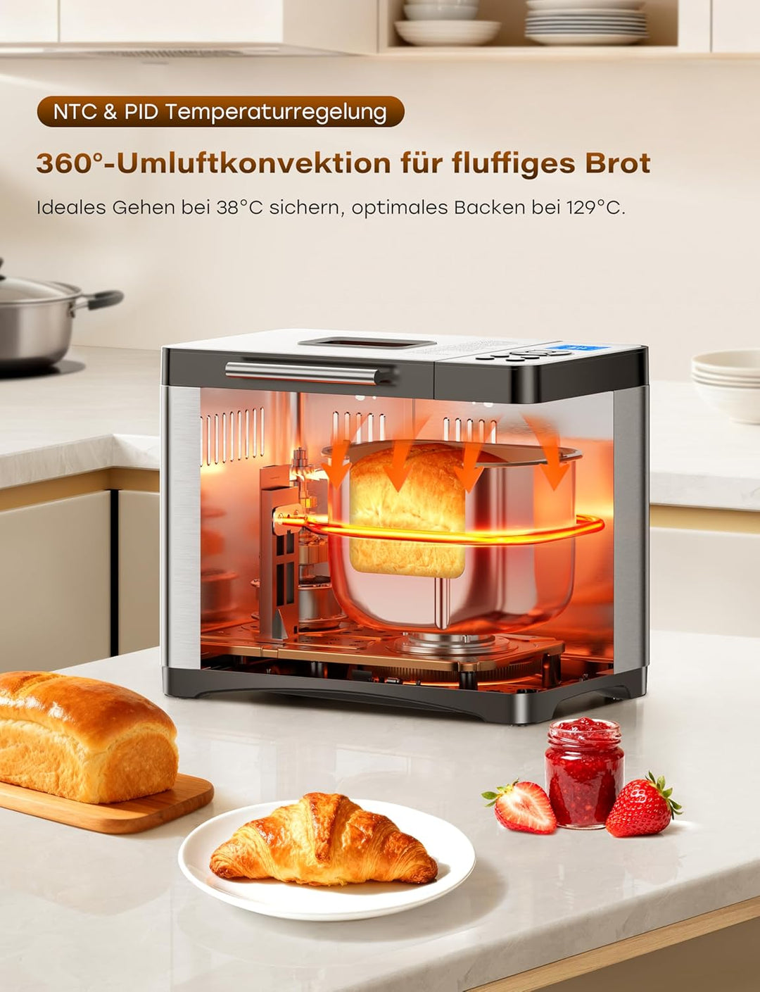 Brotbackautomat 1kg Edelstahl mit Keramikpfanne, 19 Automatischer Programme inkl. individuell progra