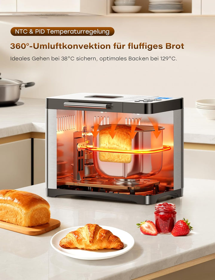 Brotbackautomat 1kg Edelstahl mit Keramikpfanne, 19 Automatischer Programme inkl. individuell progra