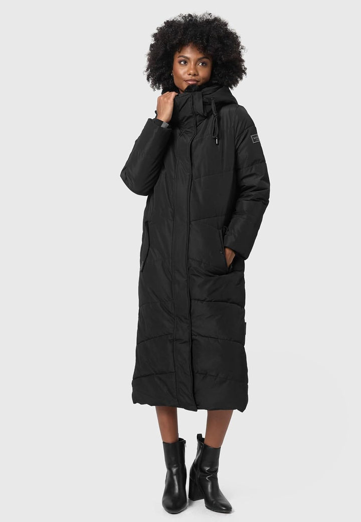 Navahoo Damen Wintermantel Steppmantel extralang mit Abnehmbarer Kapuze Hingucker XIV XS-XXL XS Schw