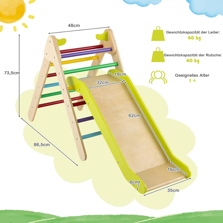 DREAMADE 2 in 1 Kletterdreieck mit Rutschbrett, Indoor Klettergerüst, Holzdreieck Sprossendreieck Kl