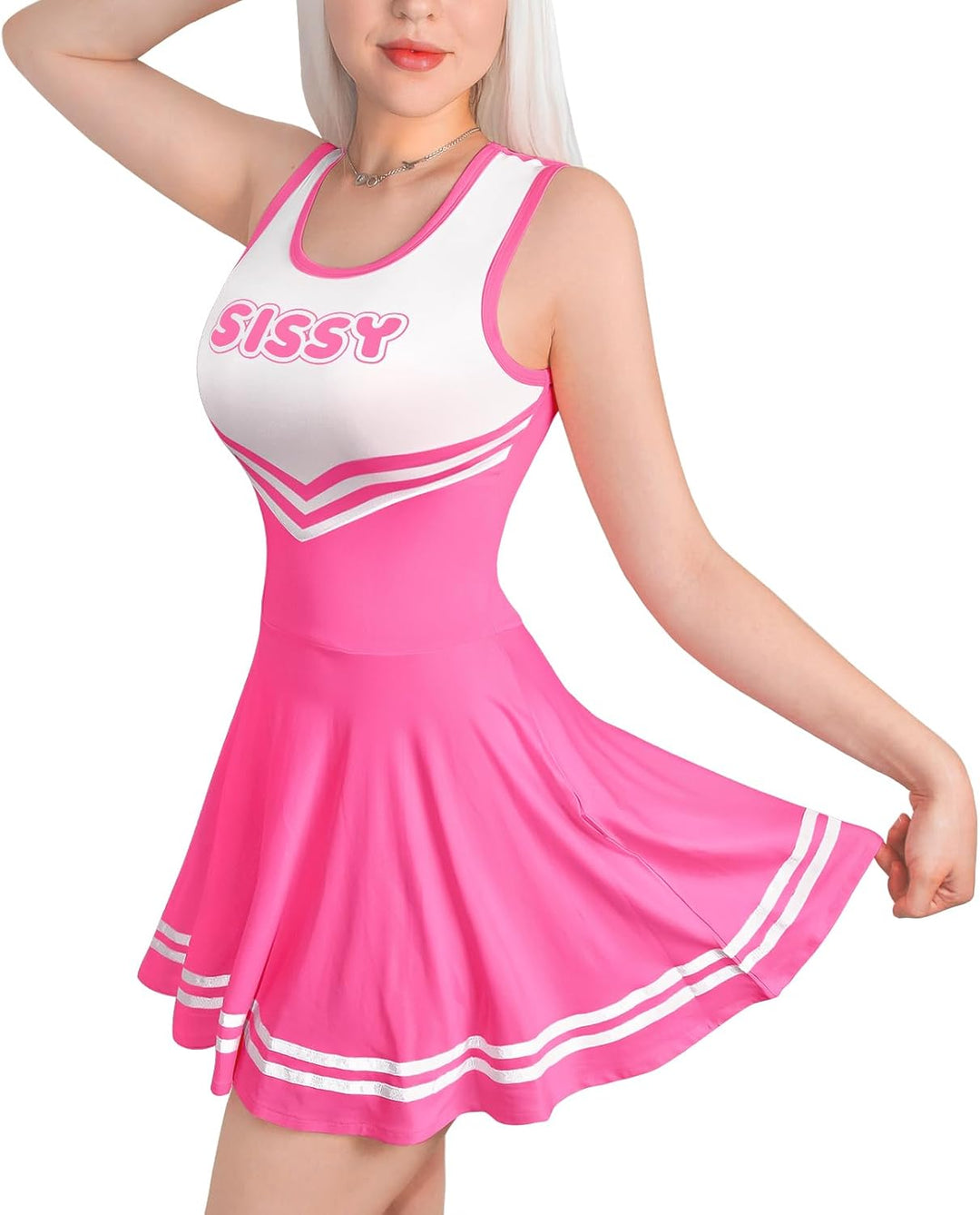 LittleForBig Damen Seidenweichen Ärmellose Overall Cheer Sissy Bodycon Mini Kleid Rock XS Rosa-1, XS