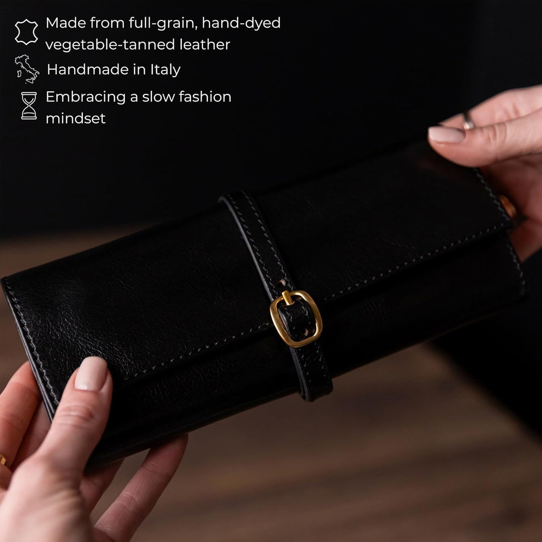 Time Resistance Schwarz Leder Schmuck Organizer – 100% Leder Schmuckrolle für Reisen Hergestellt in