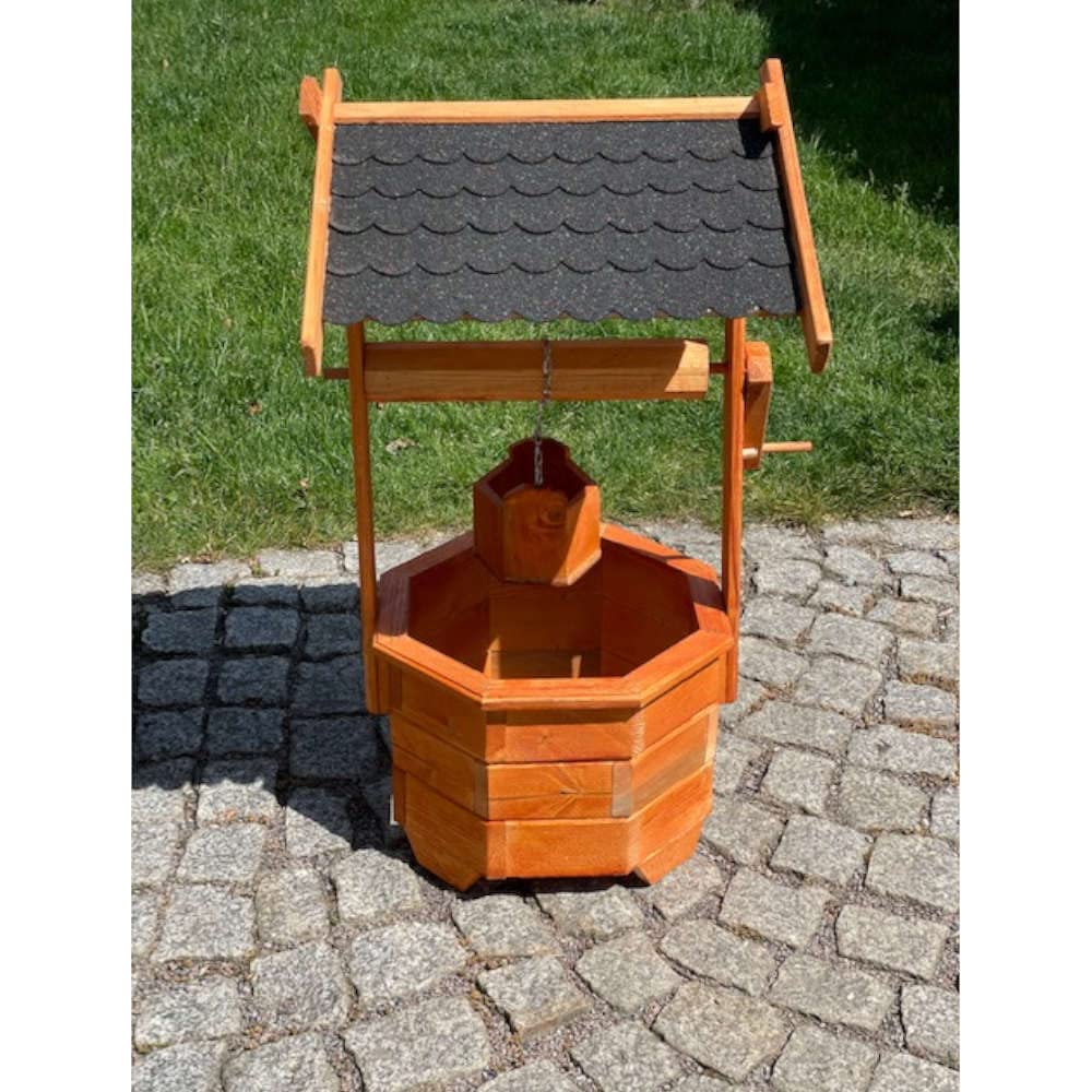 Grosser Handgefertigter Garten-Deko-Achteck-Brunnen aus Holz Braun/Grün Höhe 84 cm für den Garten/Ou
