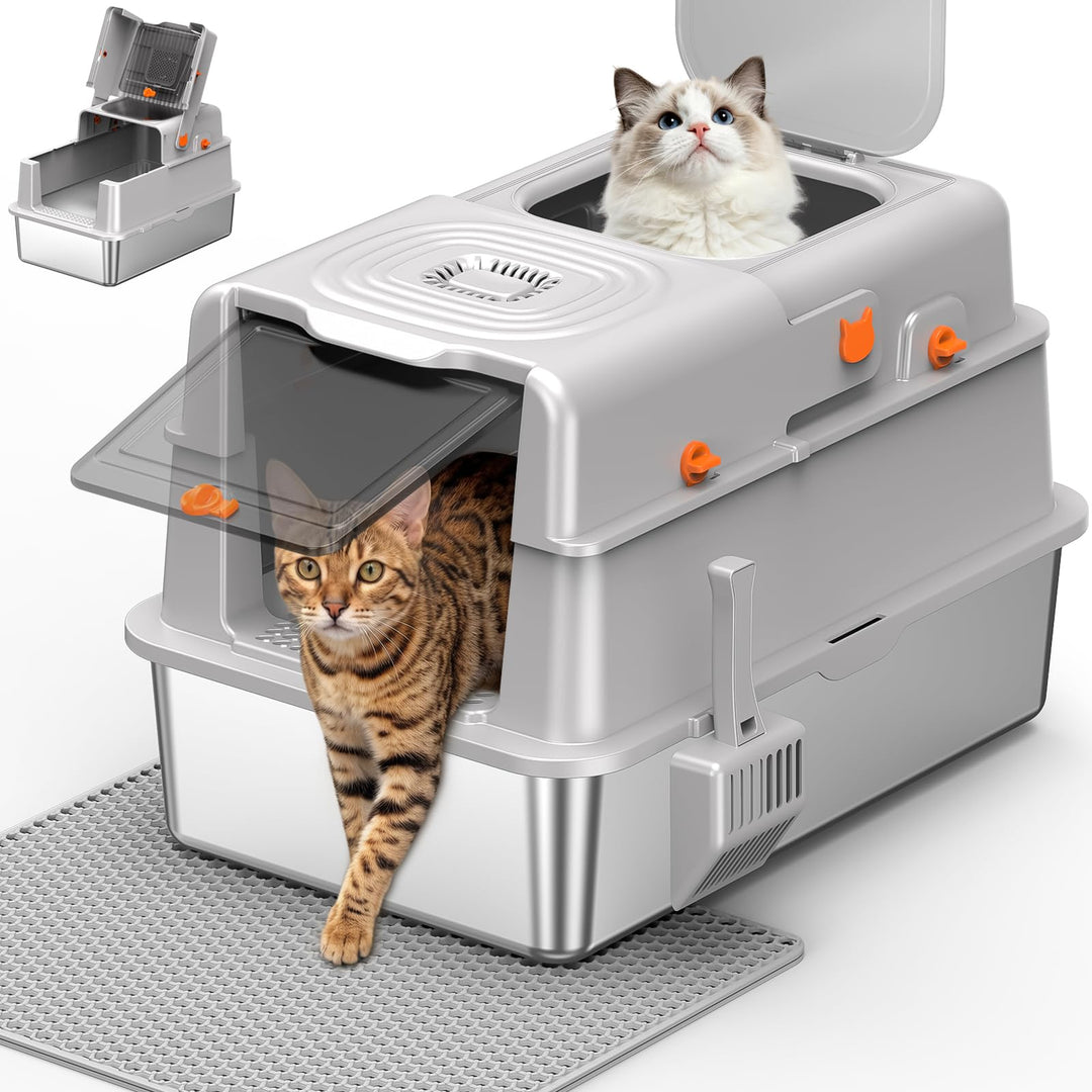 Edelstahl Katzentoilette mit Deckel, XXL extra grosse Katzenklos für grosse Katzen, geschlossene Kat