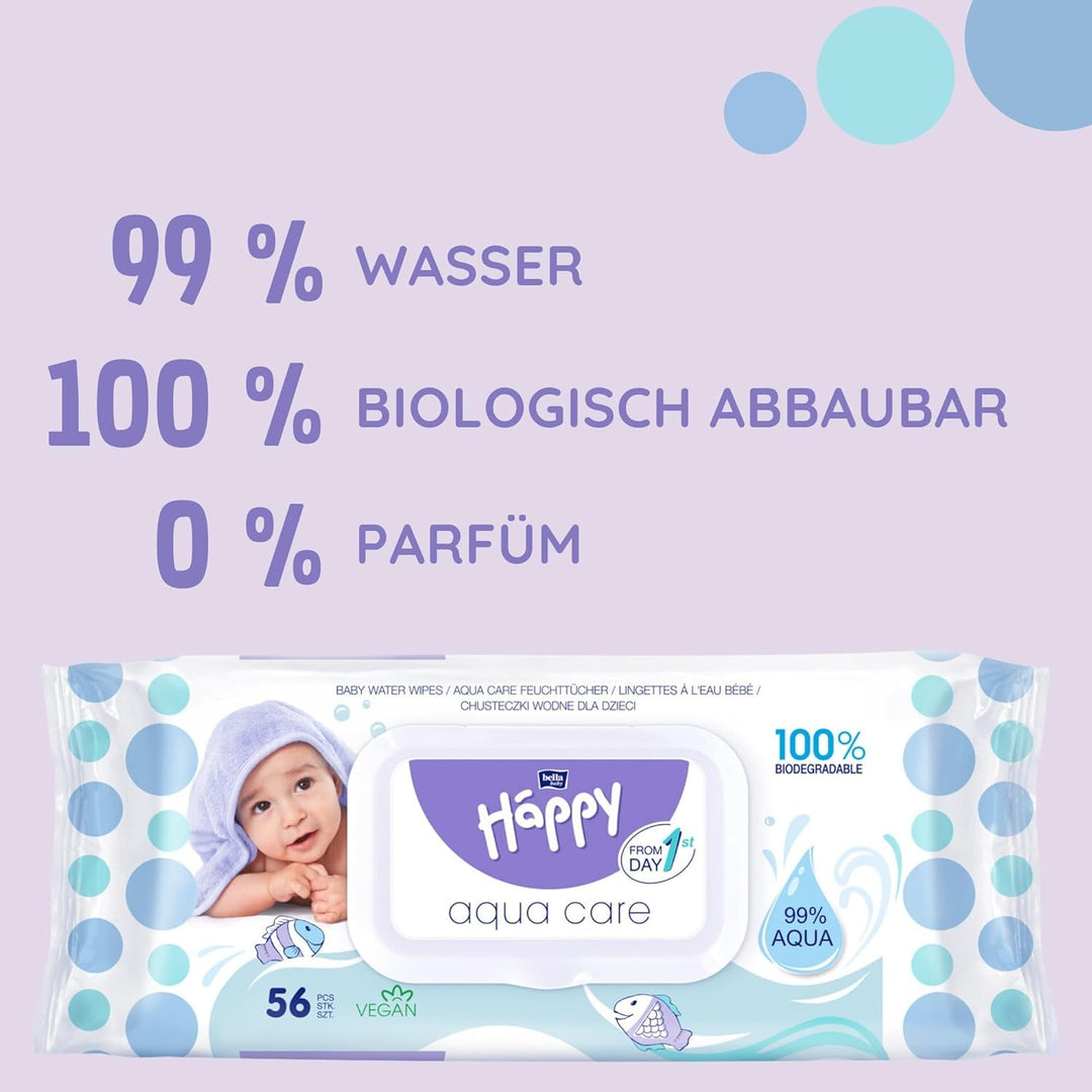 bella baby Happy Baby Feuchttücher mit 99% Wasser, Feuchttücher Box für Baby Aqua Care mit Klickvers