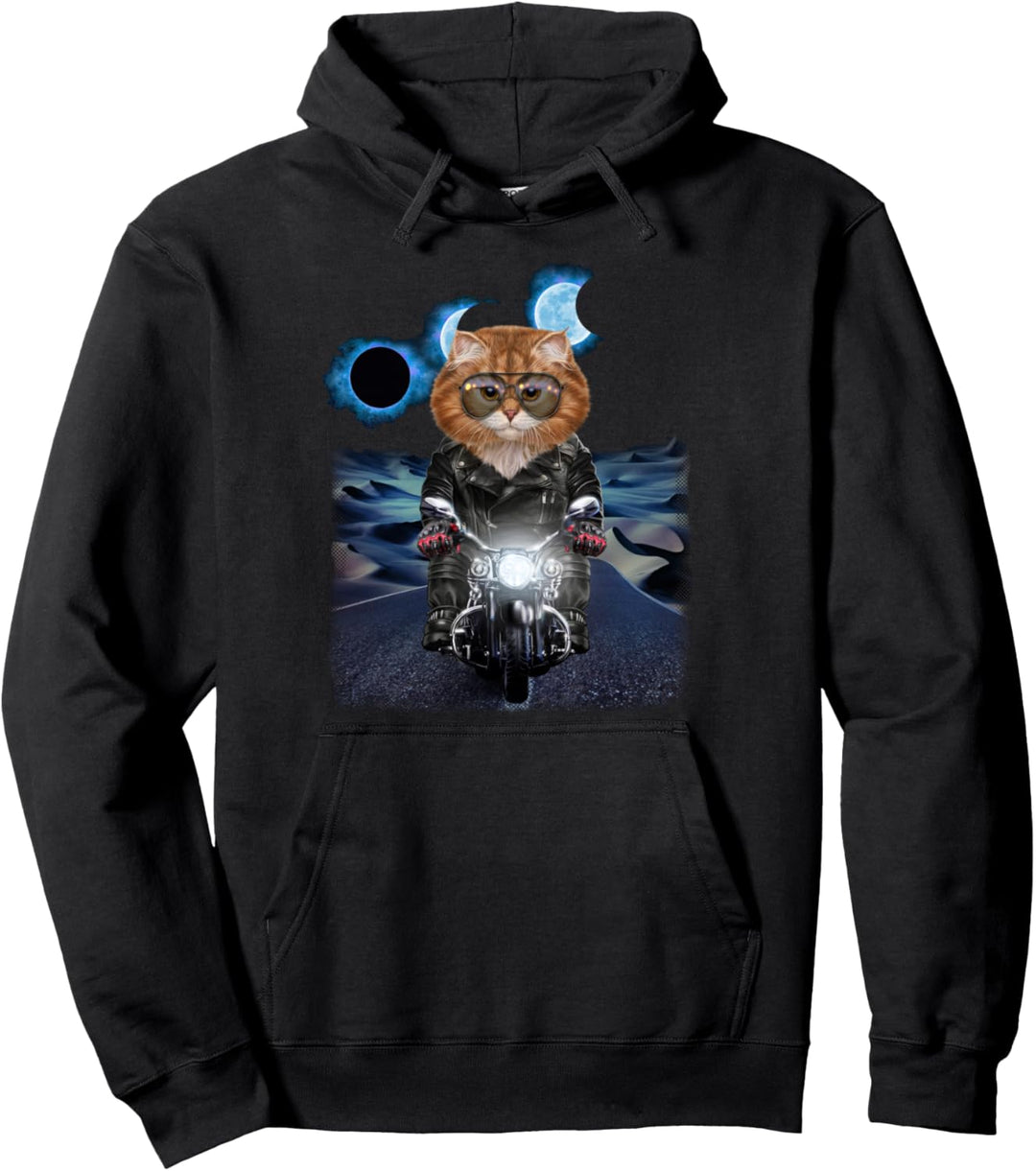 Orange Katze auf Motorrad während Sonnenfinsternis Pullover Hoodie