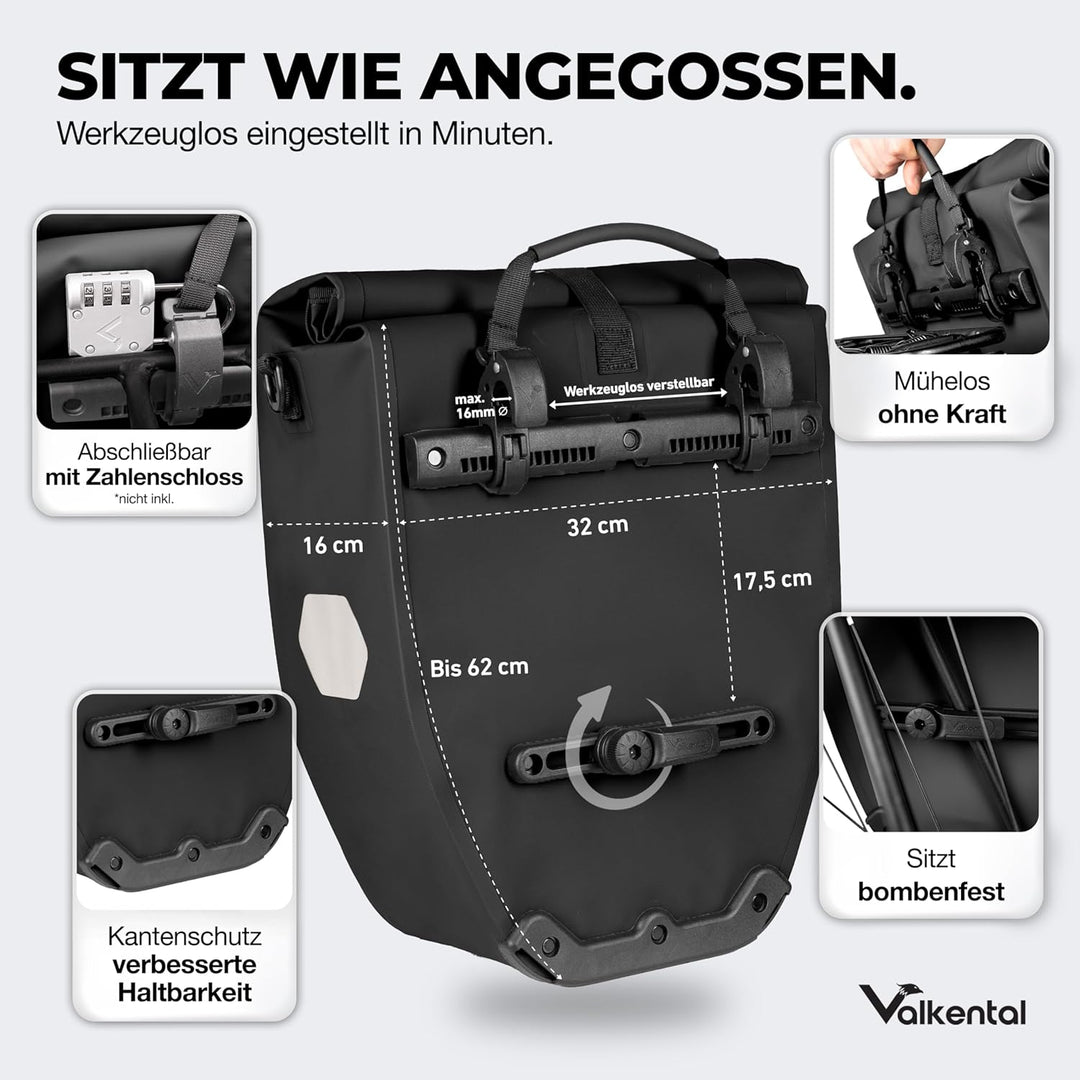 Valkental - Grosse & wasserdichte Gepäckträgertasche - Fahrradtasche für Gepäckträger mit Reflektore