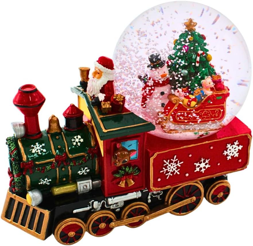 Schneekugel als Lokomotive mit Spielwerk, Schneemann, Weihnachtsmann und Tannenbaum, Sockel als Lok,