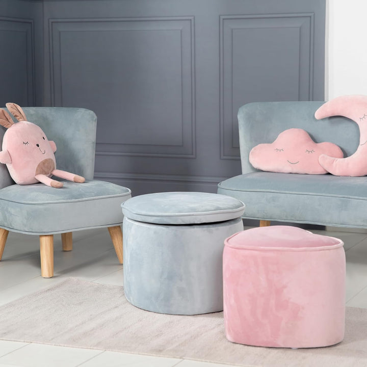 roba Kinderhocker Lil Sofa mit Stauraum - Ovaler Hocker in blauem Samtstoff - Polstermöbel Pouf für