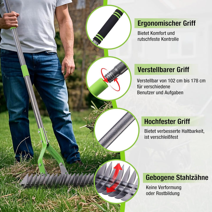 WORKPRO Laubrechen mit Stiel, 38cm Arbeitsbreite Rechen für Garten, Verstellbarer Griff 102–178 cm,