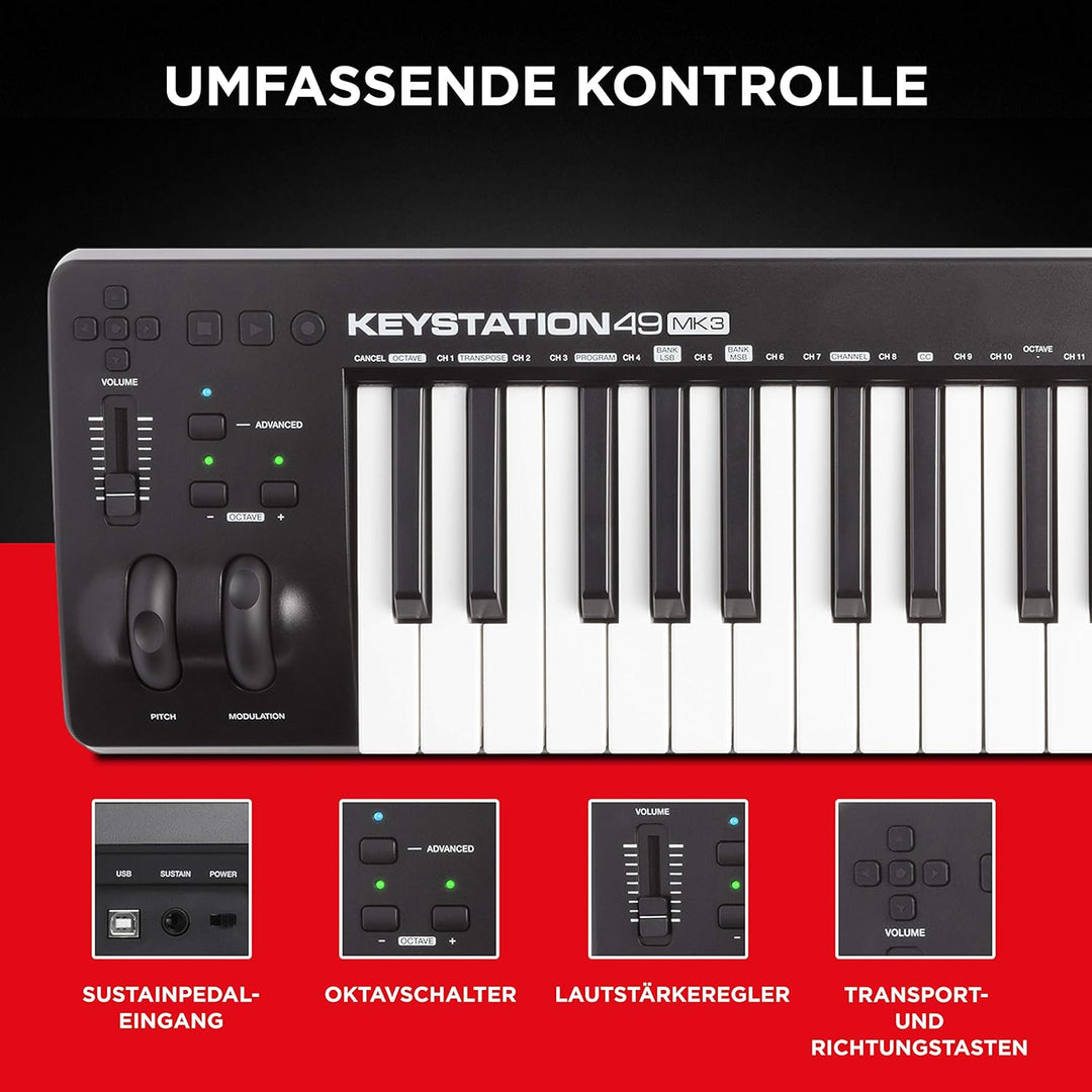 M-Audio Keystation 49MK3 + SP-2 - MIDI Keyboard Controller mit 49 Tasten, zuweisbaren Reglern, Pitch
