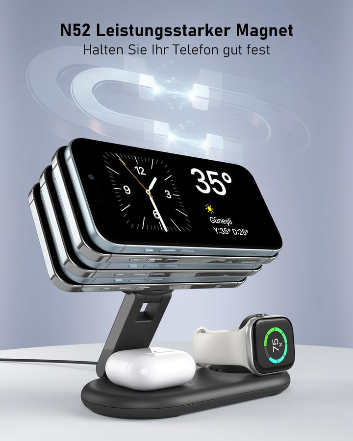 3 IN 1 Tragbare Ladestation kompatibel mit Apple Watch und iPhone, Mag-Safe Ladegerät für iPhone 16