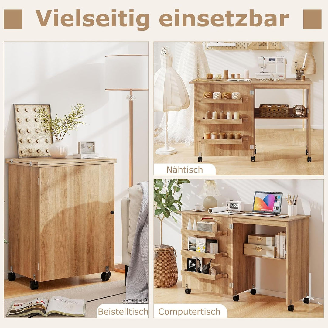 GIANTEX Nähtisch klappbar, Nähmaschinentisch auf Rollen, Nähtisch für Nähmaschine, Nähschrank Holz,