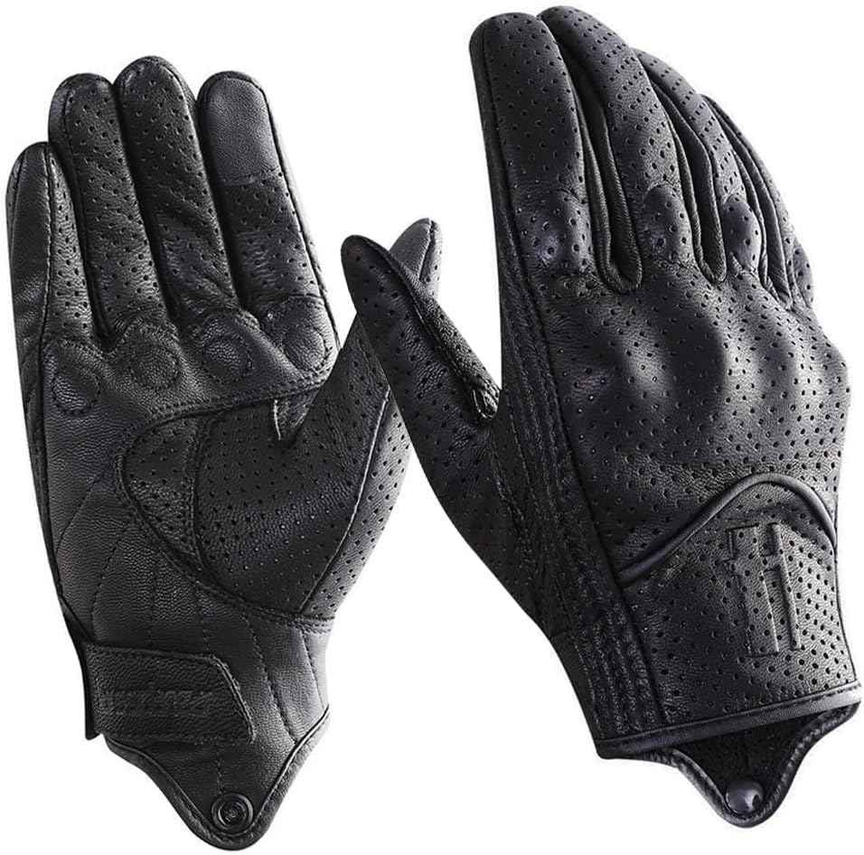 Harssidanzar Herren Motorradhandschuhe Ziegenleder Vollfinger Atmungsaktives und Perforiertes Design