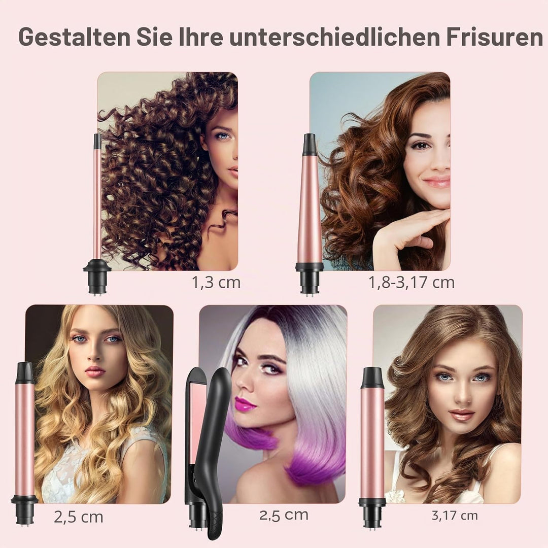5 in 1 Lockenstäbe mit Glätteisen, Lockenstab mit verschiedenen Aufsätzen für Grosse und Kleine Lock